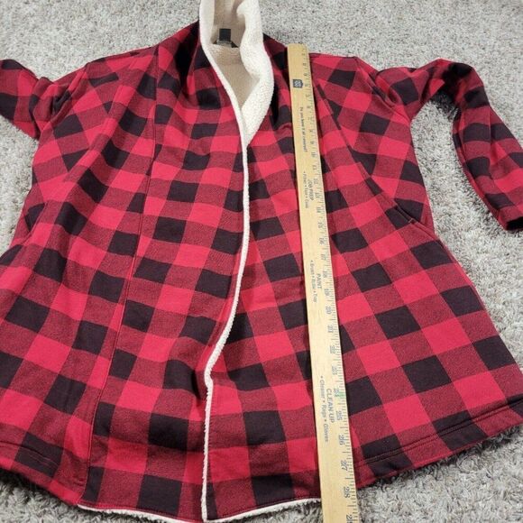 Eddie Bauer Flannel Shirt Jacket Womens Small Red Buffalo Plaid Open Sherpa Line - Picture 5 of 8